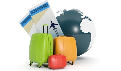 3d illustration: Land and a group of suitcases. To take a vacation rental