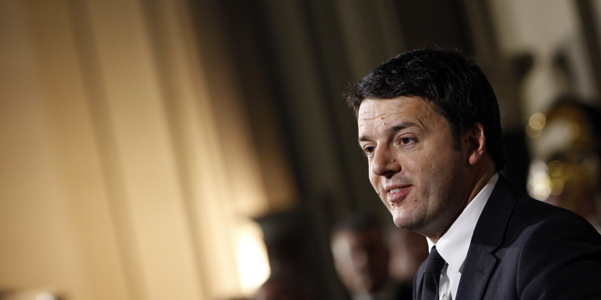 Italian Premier designate Matteo Renzi meets reporters at the Quirinale presidential palace, Rome, Friday, Feb. 21, 2014. Democratic Party leader Matteo Renzi has formed Italy's new government, saying the broad coalition aims to give the economically-strapped country "hope. When he and his Cabinet are sworn in on Saturday, Renzi, who had been serving as Florence mayor, will be Italy's youngest premier. Renzi said Friday he aims with his leadership to give a "strong message" to the international community that Italy will be achieving sorely needed electoral and economic reforms quickly. (AP Photo/Riccardo De Luca)